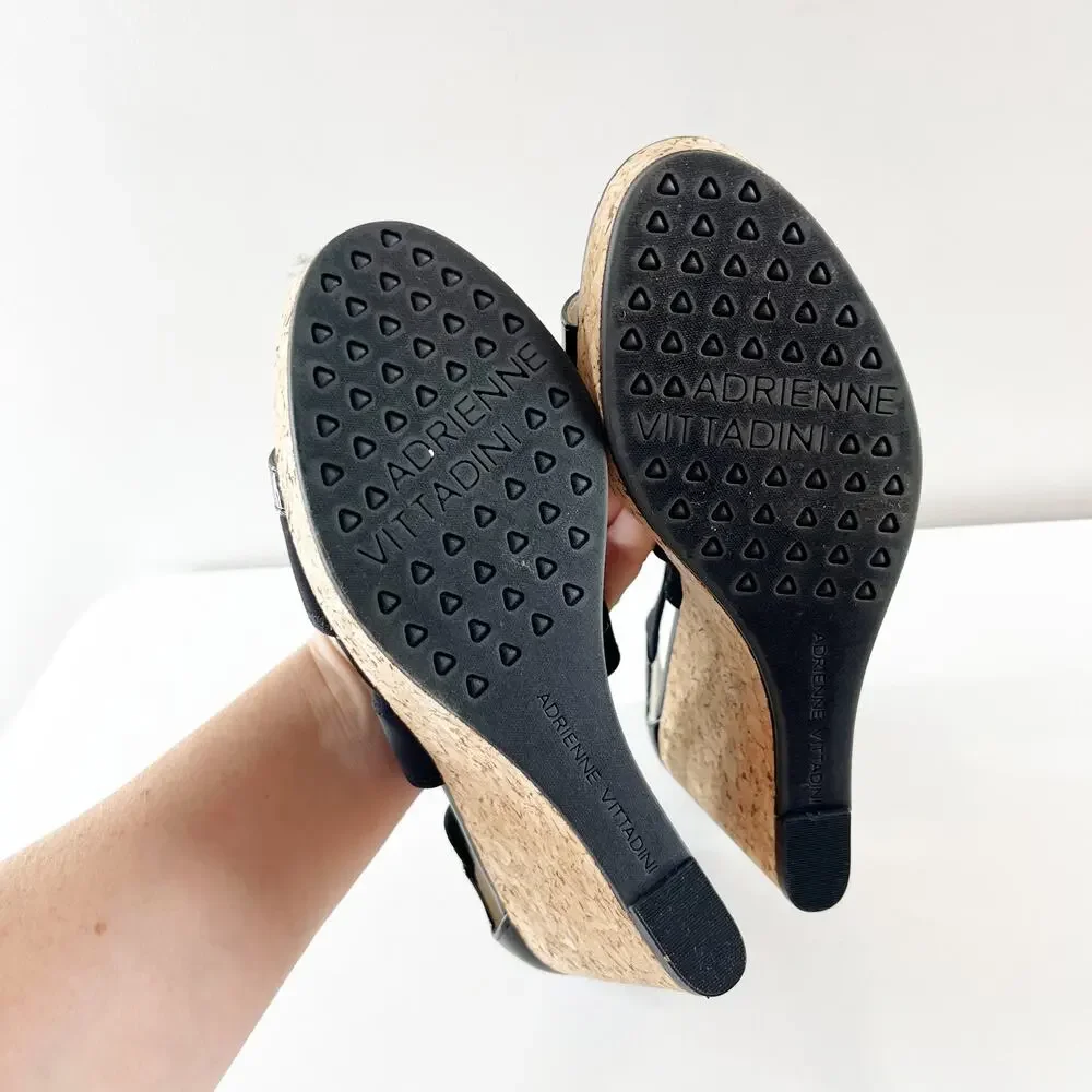 Adrienne Vittadini Chelle Patent Cork Wedge Heel Sandals Black 8